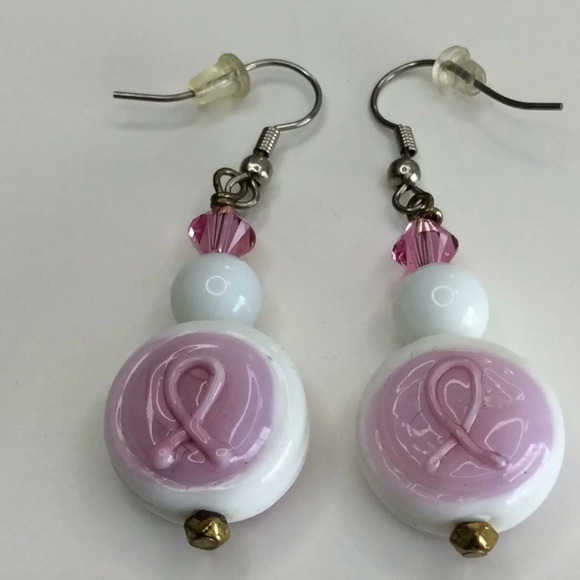 Jewelry - Handmade Pink & White Cancer Survivor Earrings